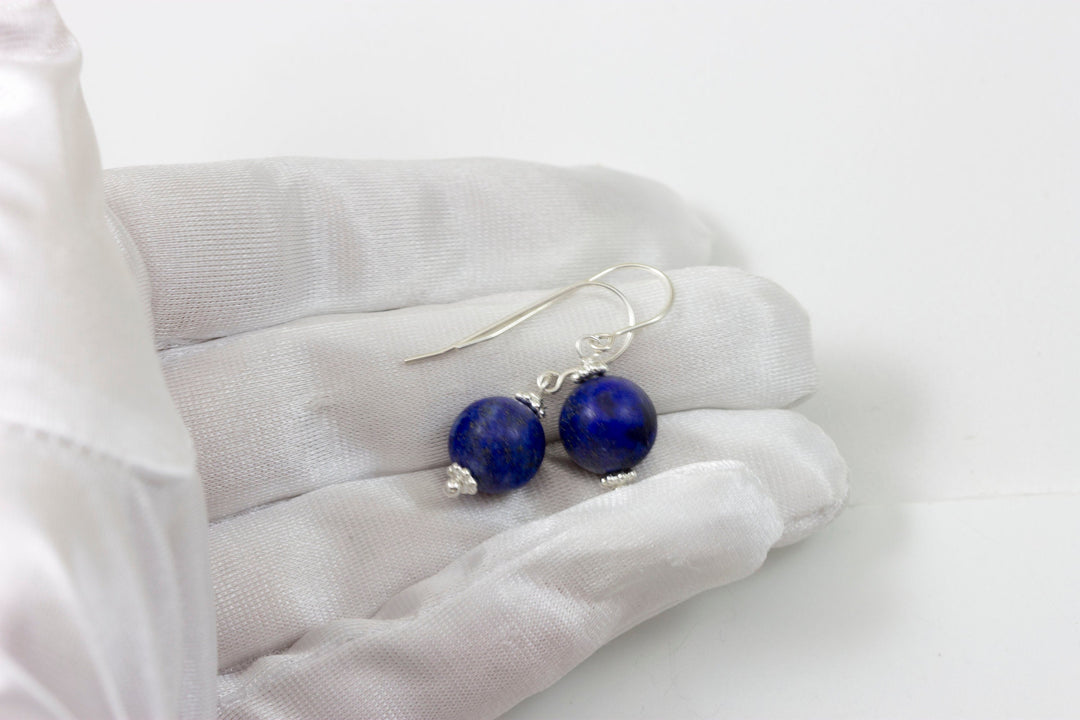Lapis Lazuli Earrings Natural Dusty Blue Matt Round Dangles Sterling Silver or 14k Solid Gold or Filled Beaded Simple Basic Drops Pyrite