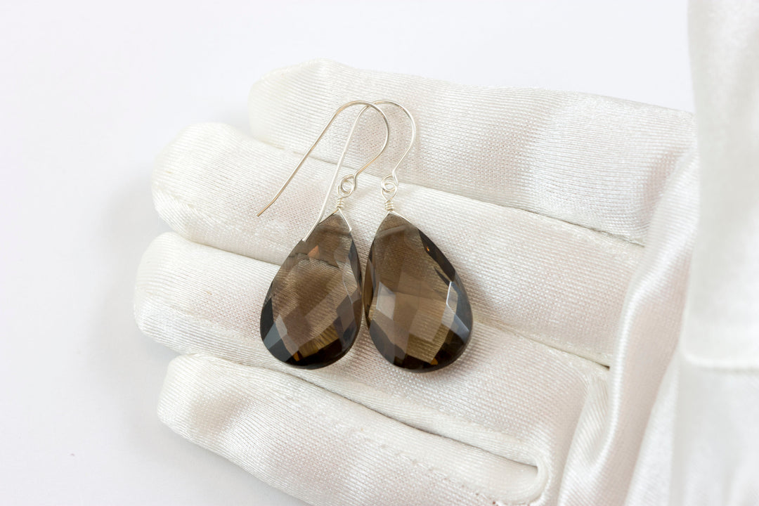 Smoky Quartz Earrings Faceted Large Teardrop Briolette Smokey Sterling Silver or 14k Gold Filled or 14k solid gold simple everyday drops