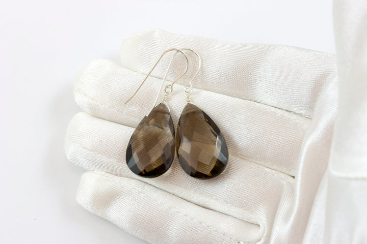Smoky Quartz Earrings Faceted Large Teardrop Briolette Smokey Sterling Silver or 14k Gold Filled or 14k solid gold simple everyday drops