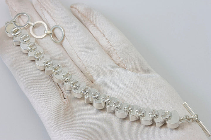 Moonstone Bracelet Bezel Set Sterling Silver Smooth Rainbow 7 to 7 3/4 Inches Natural Rainbow Blue Flash Adjustable Toggle Clasp Pear Shape