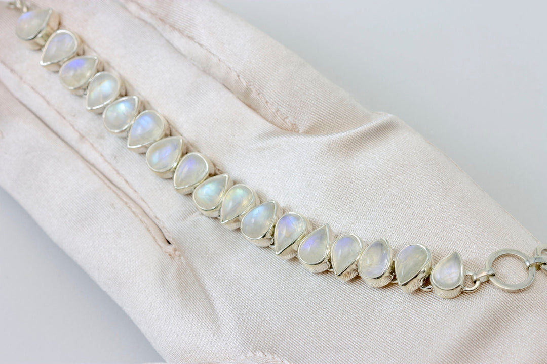Moonstone Bracelet Bezel Set Sterling Silver Smooth Rainbow 7 to 7 3/4 Inches Natural Rainbow Blue Flash Adjustable Toggle Clasp Pear Shape