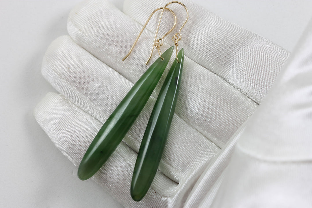 Green Jade Earrings Natural Nephrite Skinny Long Teardrop 14k solid gold or filled or Sterling Silver Rich Real Earthy Simple Cut Drops