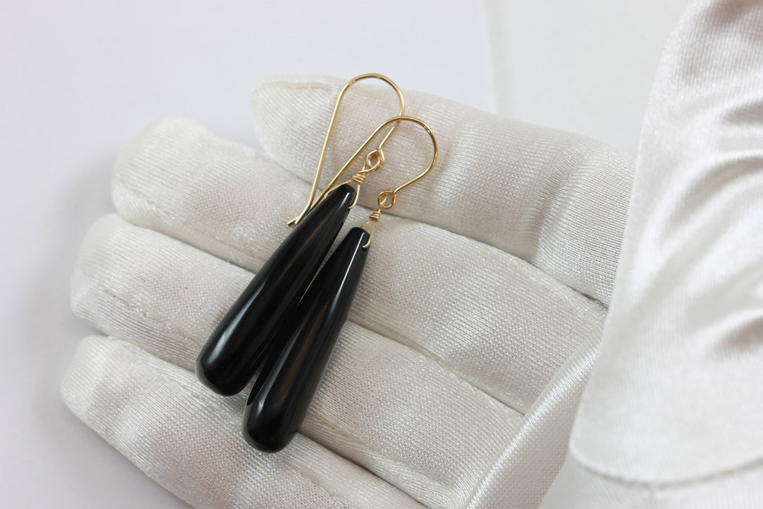 Black Onyx Earrings Smooth Large Teardrop Dangle Sterling Silver or 14k Solid Gold or Filled Rounded Long Drops Simple Classic Black Agate