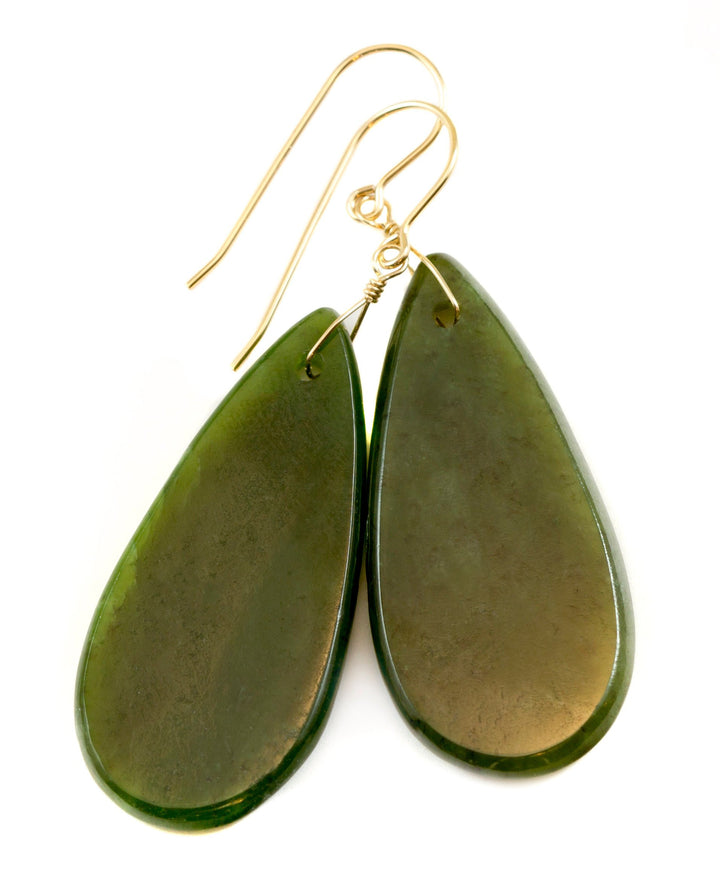 Green Jade Earrings Natural Nephrite Smooth Large Teardrop 14k gold  or filled or Sterling Silver Simple Classic Cut thin Drops Long Real