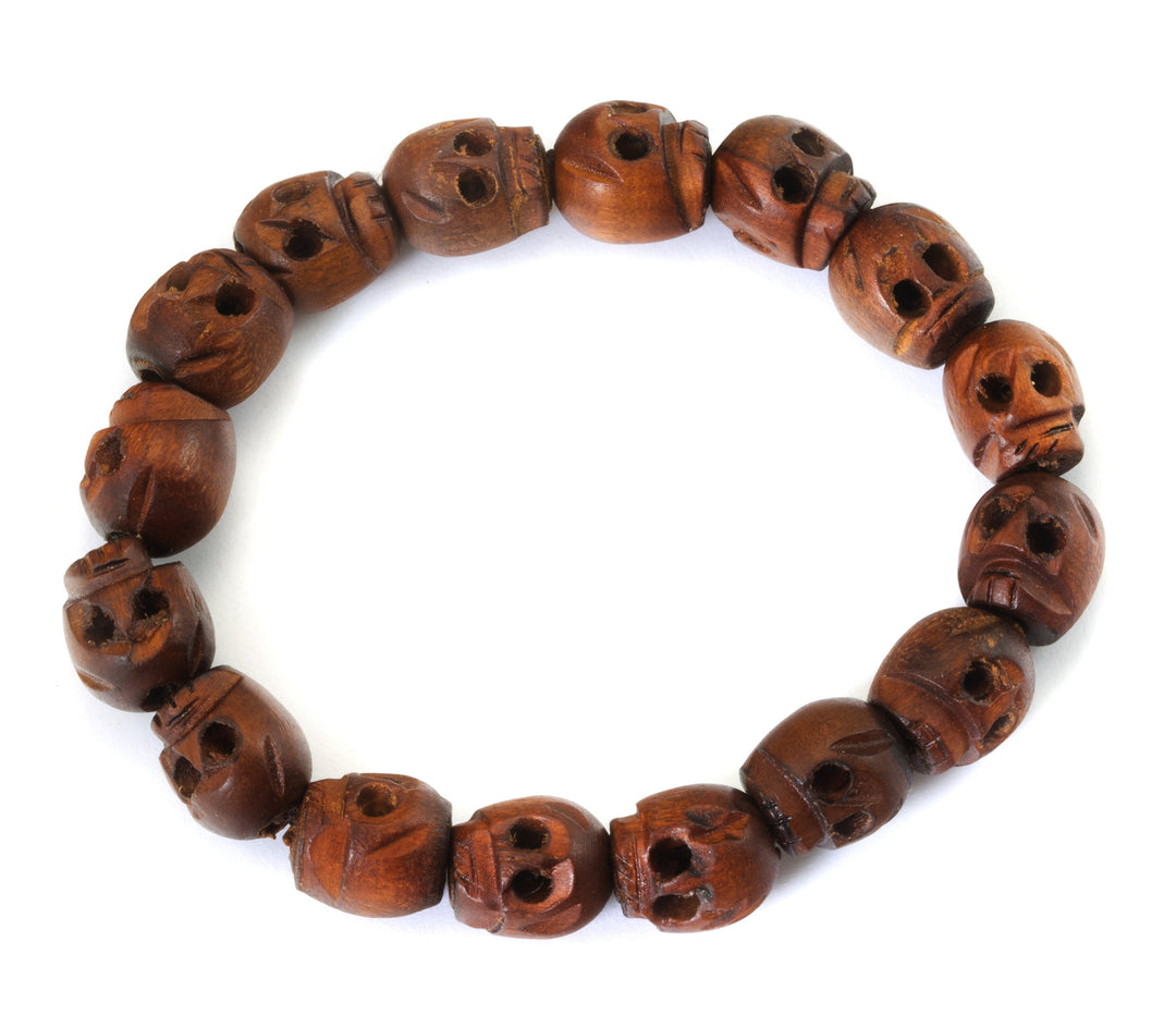 Skull Bracelet Carved Brown or Black Wood Small Medium Large Size Wooden Skulls 7 8 9 Inch Women Man Men's Bracelet Stretchy Tibetan Prayer
