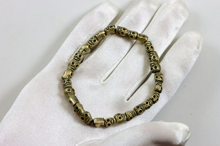Skull Bracelet Golden Brass Skulls 7 8 9 Inch Man Men's Bracelet Stretchy Tibetan Prayer Beads Unique Spyglass Designs