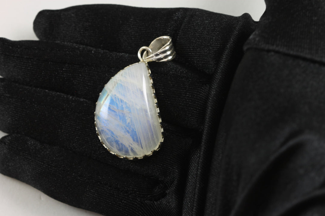 Moonstone Necklace Pendant Sterling Silver Square Shape AAA Unique Natural Blue Flash Rainbow Moonstone Bezel Setting