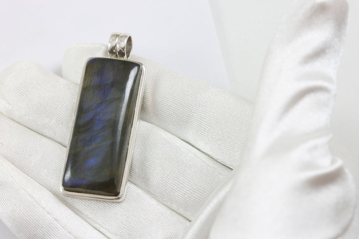 Labradorite Necklace Pendant  Sterling Silver Rectangle Cabachon Large Shape AAA Spyglass Designs Natural Blue Flash Simple Design 2 Inch