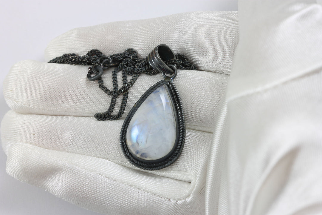 Blue Moonstone Pendant smooth Sterling Silver Teardrop Necklace Chain Pendant Black Oxidized Cabachon Simple Unique Design Natural Rainbow