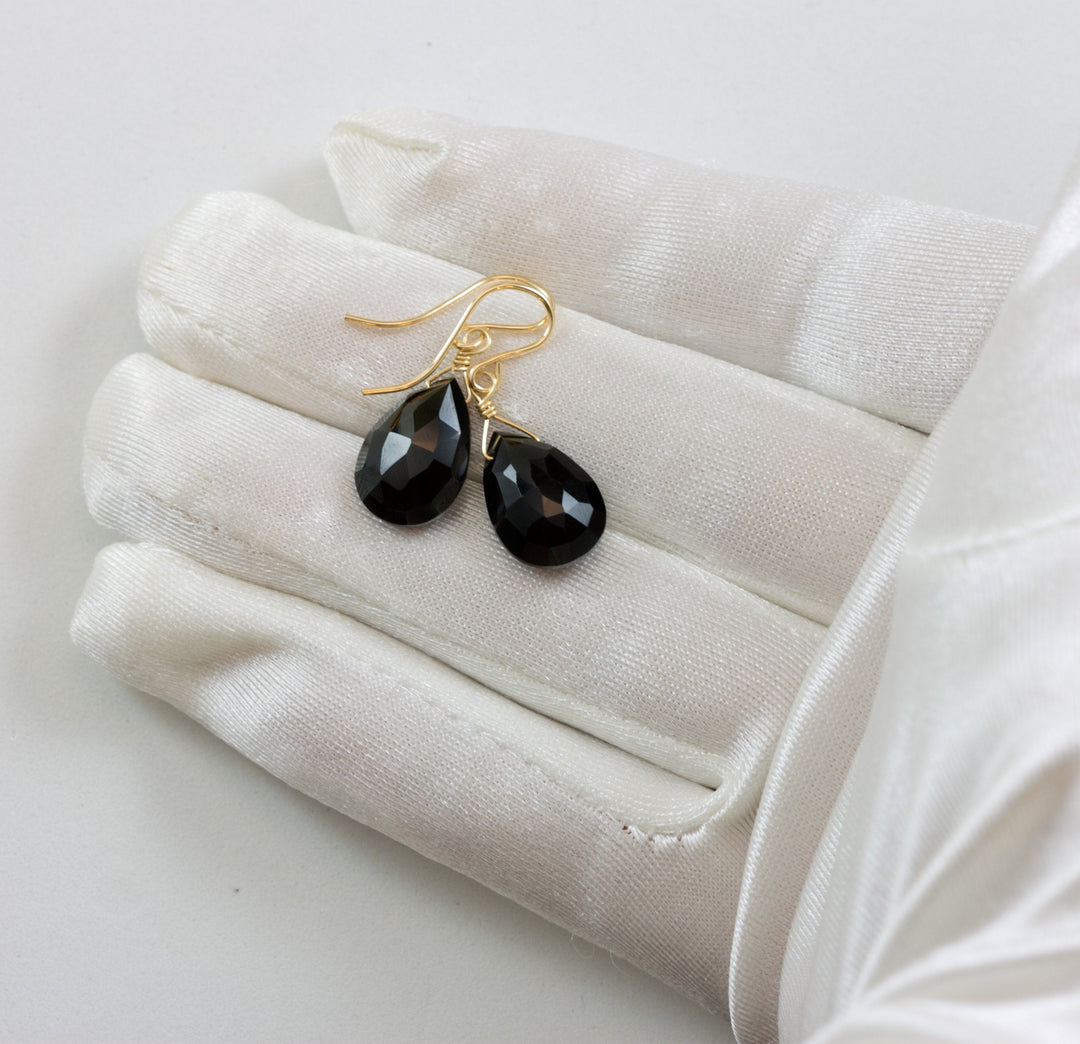 Spinel Earrings Black Teardrop Faceted Earrings Briolettes 14k Solid Gold or Filled Simple Design Pear AAA faceted Basic Wardrobe Drops