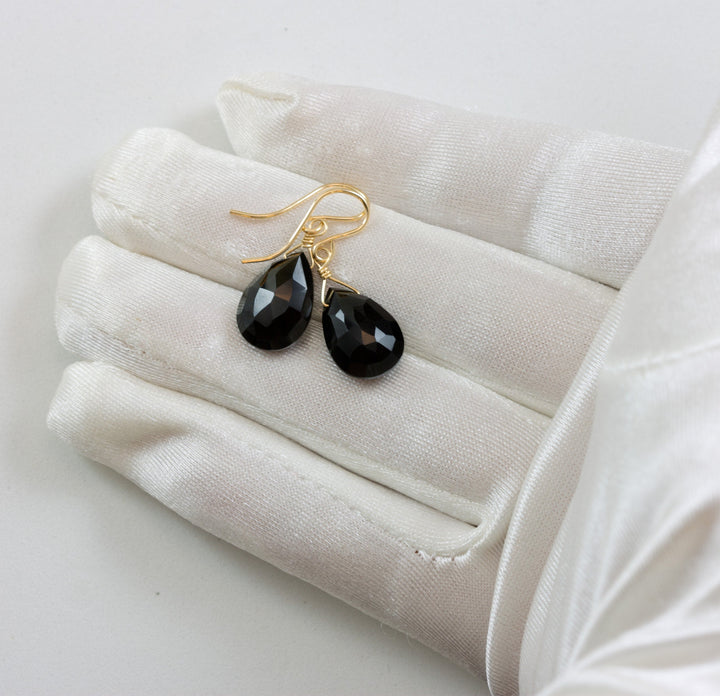 Spinel Earrings Black Teardrop Faceted Earrings Briolettes 14k Solid Gold or Filled Simple Design Pear AAA faceted Basic Wardrobe Drops