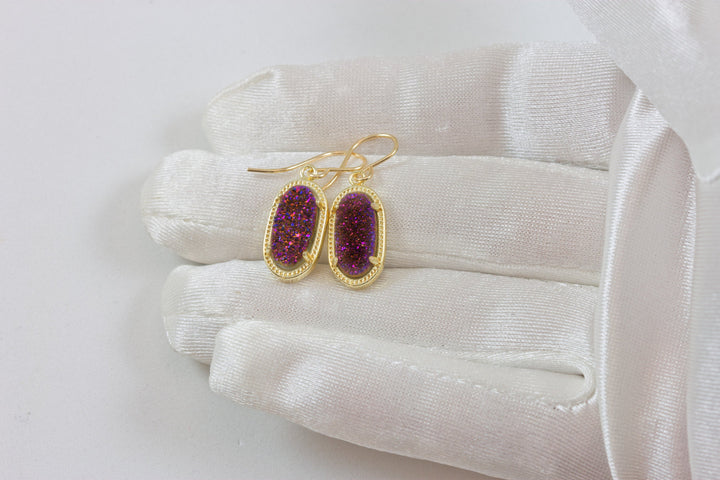 Purple Peacock Drusy Earrings Druzy Teardrop 14k solid gold or filled long narrow oval shaped Bezel Simple Dainty Drops Fancy Bezel surround