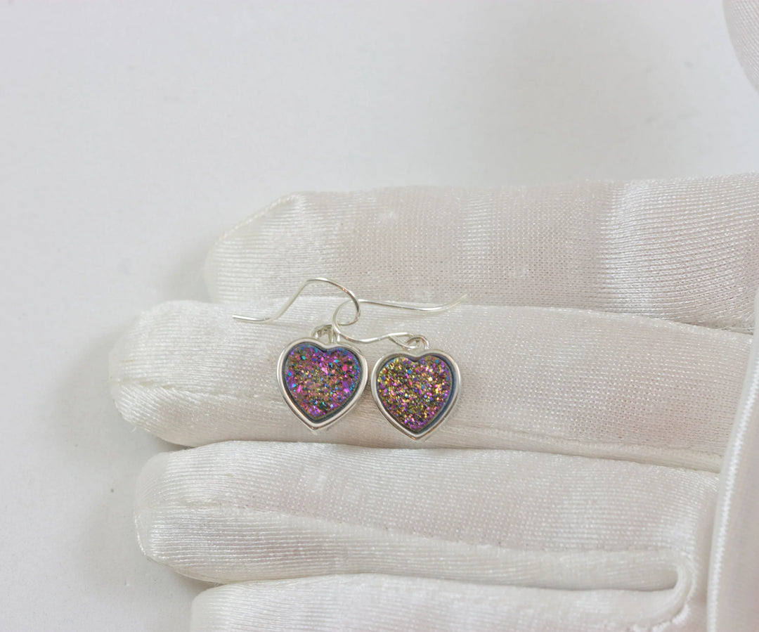 Purple Pink Drusy Earrings Druzy Teardrop Sterling Silver Heart shaped Bezel Simple Multi Colored Dainty Drops Spyglass Designs - Spyglass Designs