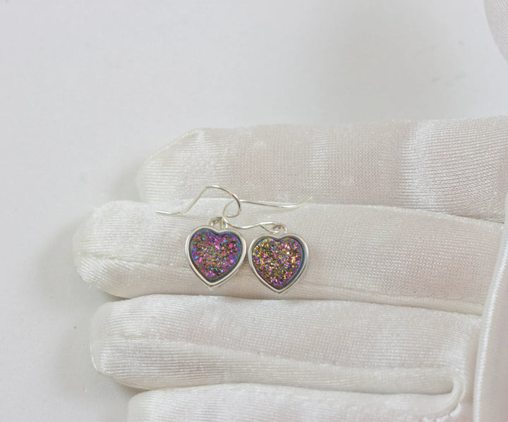 Purple Pink Drusy Earrings Druzy Teardrop Sterling Silver Heart shaped Bezel Simple Multi Colored Dainty Drops Spyglass Designs - Spyglass Designs