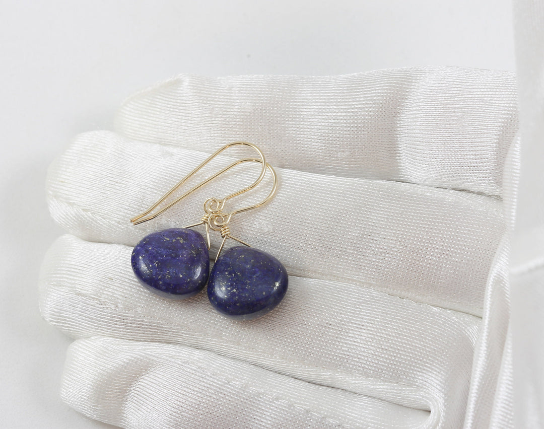 Blue Lapis Lazuli Earrings Natural Dainty Smooth Heart Teardrop Sterling Silver or 14k Solid Gold or Filled Small Drops Everyday Wear Pyrite