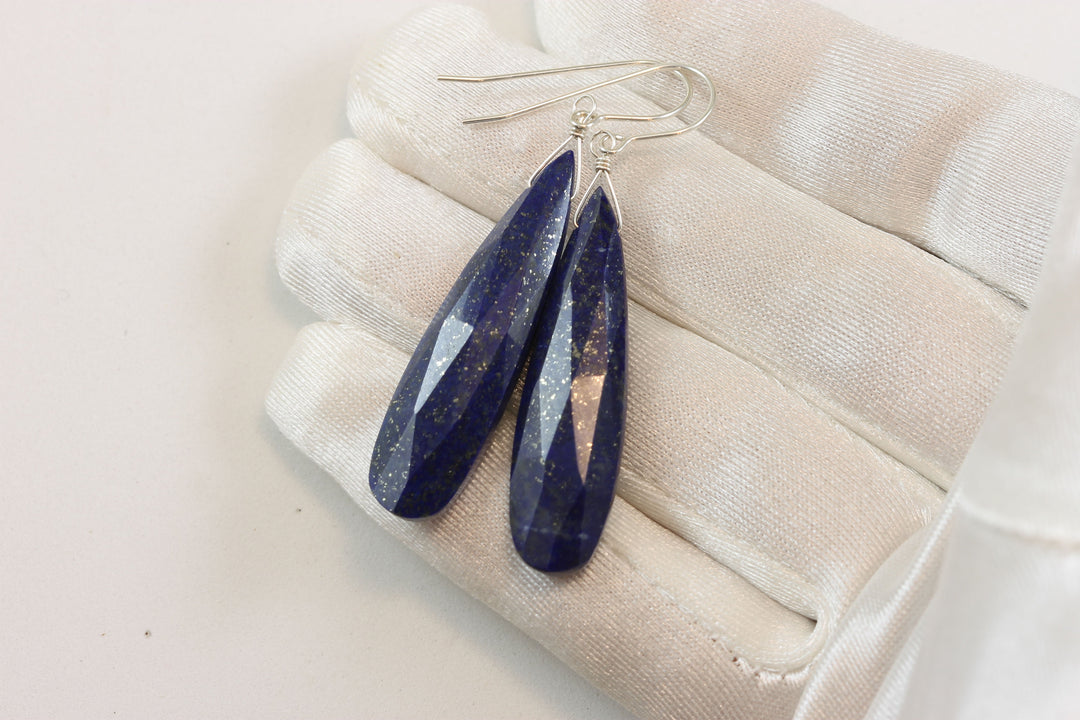 Blue Lapis Lazuli Earrings Natural Large Long Faceted Cut Teardrop Sterling Silver or 14k Solid Gold or Filled Drops Everyday Wear Pyrite
