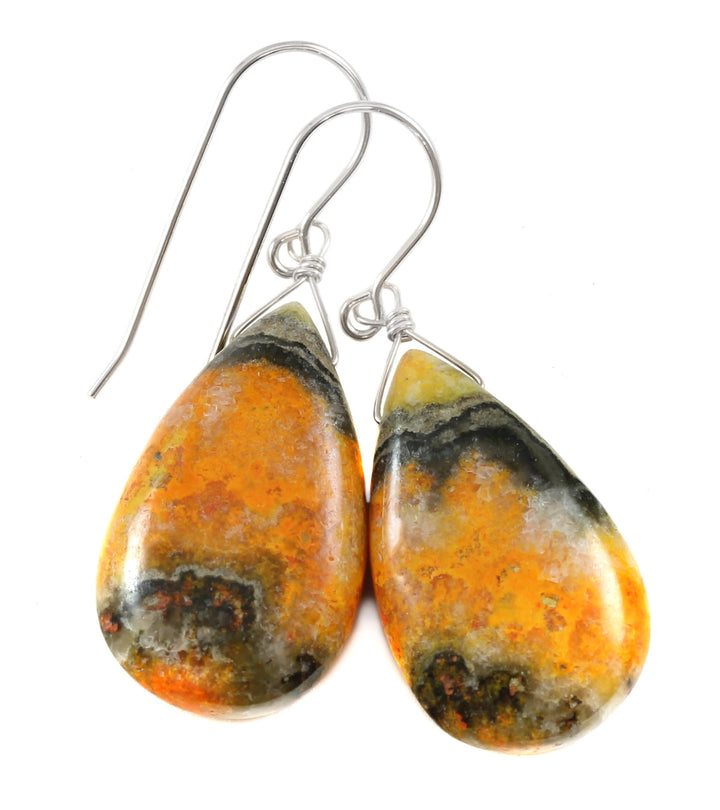 Bumble Bee Jasper Earrings Large Wide Smooth  Teardrops Select Yellow Orange  14k Solid Gold or Filled  or Sterling Silver Spyglass Designs