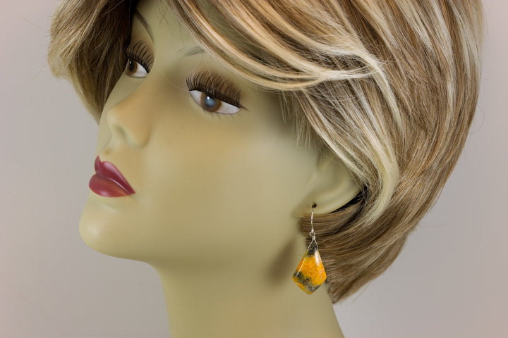 Bumble Bee Jasper Earrings Large Wide Pointed Teardrops Select Yellow Orange  14k Solid Gold or Filled  or Sterling Silver Spyglass Design 2