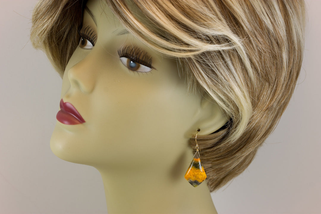 Bumble Bee Jasper Earrings Large Wide Pointed Teardrops Select Yellow Orange  14k Solid Gold or Filled  or Sterling Silver Spyglass Design 2