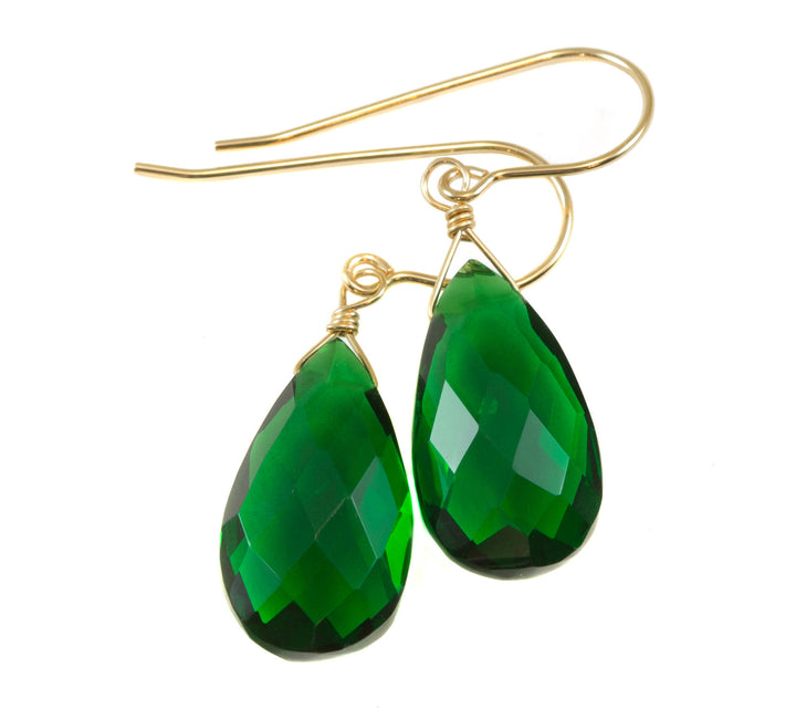 Emerald Green Earrings Facet Simulated Emerald Pear Teardrop Drop 14k Solid Gold or Filled or Sterling Silver Simple Classic Briolette Drops