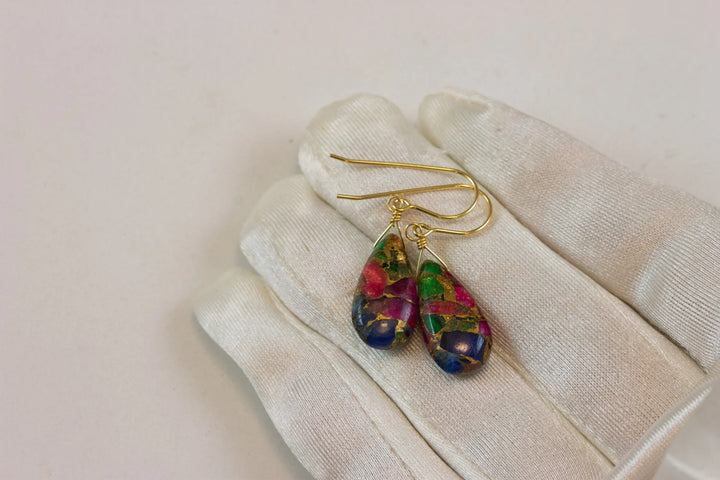 Mosaic Quartz Earrings Smooth Large Teardrop Dangle 14k Solid Gold or Filled or Sterling Silver Blue Red Green Copper Drops Simple Colorful - Spyglass Designs