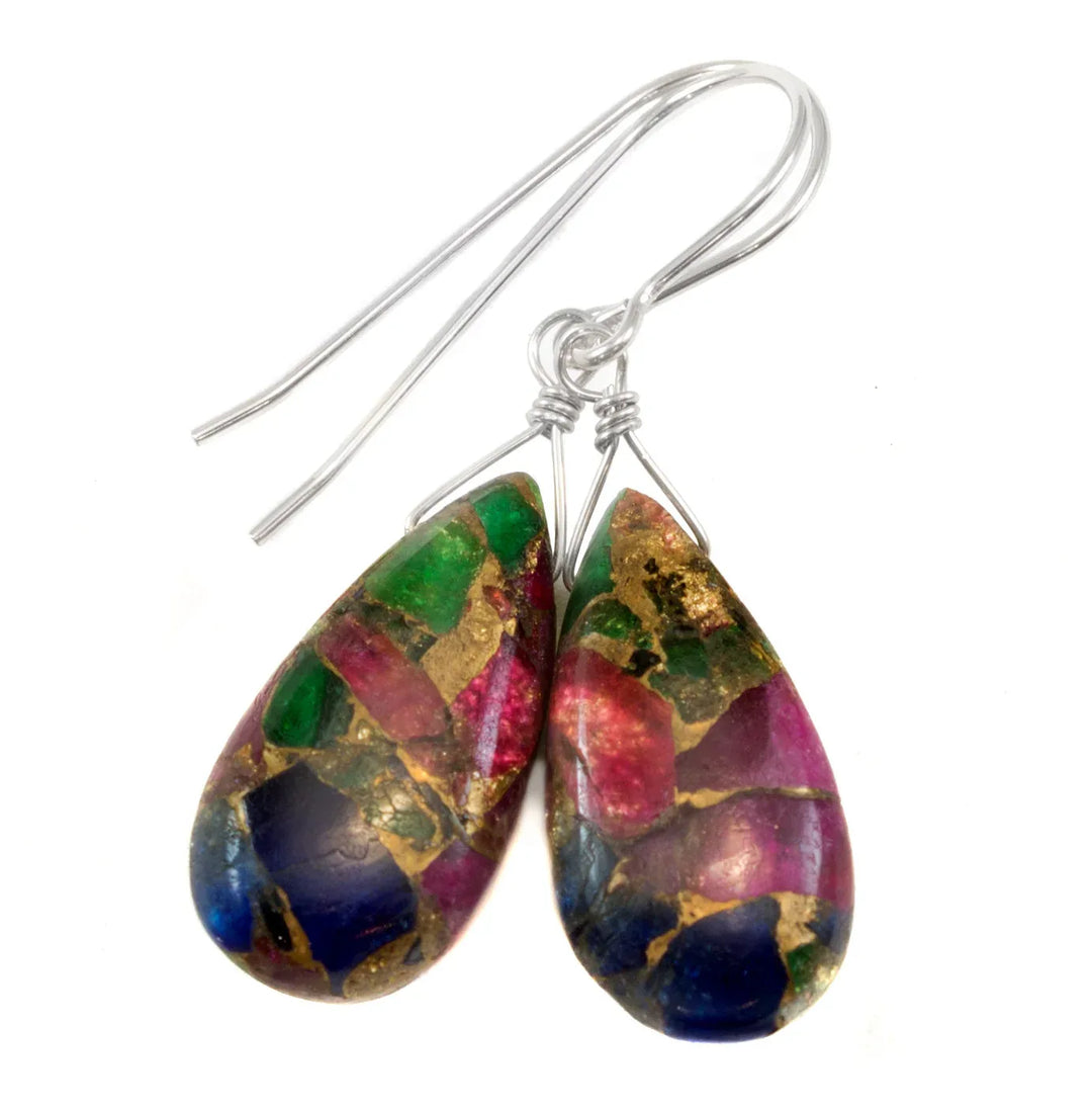 Mosaic Quartz Earrings Smooth Large Teardrop Dangle 14k Solid Gold or Filled or Sterling Silver Blue Red Green Copper Drops Simple Colorful - Spyglass Designs