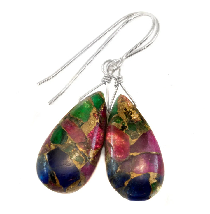 Mosaic Quartz Earrings Smooth Large Teardrop Dangle 14k Solid Gold or Filled or Sterling Silver Blue Red Green Copper Drops Simple Colorful - Spyglass Designs