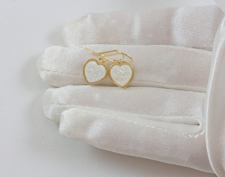 White Drusy Earrings Druzy Teardrop 14k solid gold or filled or sterling silver Heart shaped Bezel Simple Dainty Drops Fine Druse  Spyglass