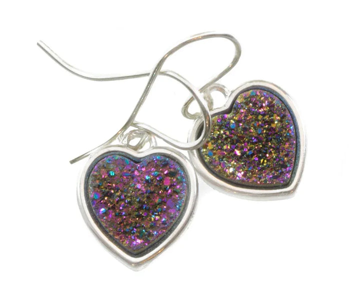 Purple Pink Drusy Earrings Druzy Teardrop Sterling Silver Heart shaped Bezel Simple Multi Colored Dainty Drops Spyglass Designs - Spyglass Designs