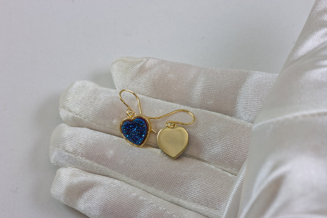 Peacock blue Drusy Earrings Druzy Teardrop 14k solid gold or filled Heart shaped Bezel Simple Dainty Drops Sparkly Drops Spyglass Designs