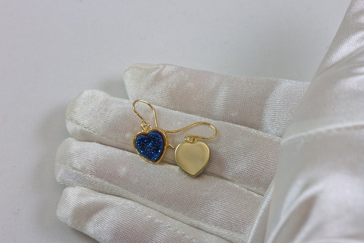 Peacock blue Drusy Earrings Druzy Teardrop 14k solid gold or filled Heart shaped Bezel Simple Dainty Drops Sparkly Drops Spyglass Designs