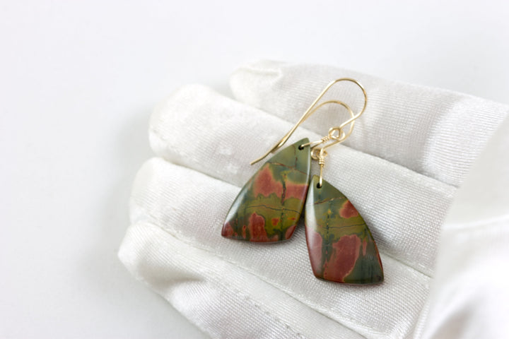 Red Creek Jasper Earrings Red Terra Cotta Brown Green 14k solid gold or filled or Sterling Silver Smooth Triangle Dangle Natural Simple Drop