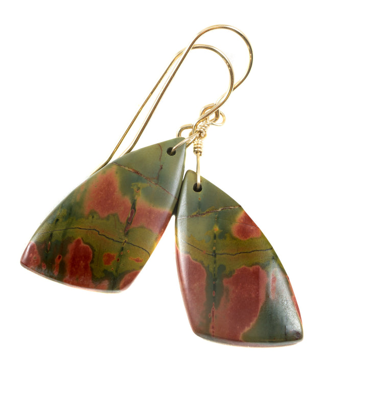 Red Creek Jasper Earrings Red Terra Cotta Brown Green 14k solid gold or filled or Sterling Silver Smooth Triangle Dangle Natural Simple Drop