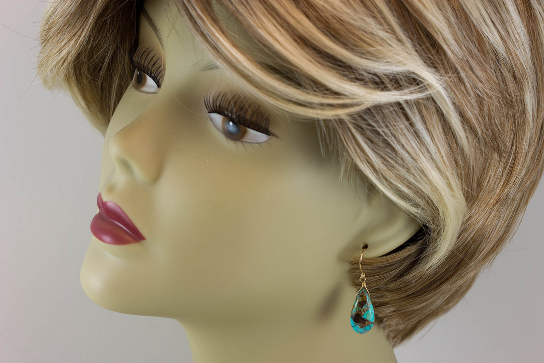 Copper Turquoise Earrings  Teardrop Sterling Silver or 14k Solid Yellow Gold or Fill Mosaic Veining Simple Drops Green Blue or Arizona Drops