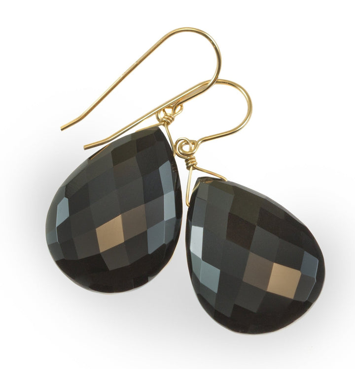 Black Onyx Earrings Sterling Silver or 14k Solid Yellow Gold or Filled Faceted Large Teardrop Dangle Simple Classic  Large Drop