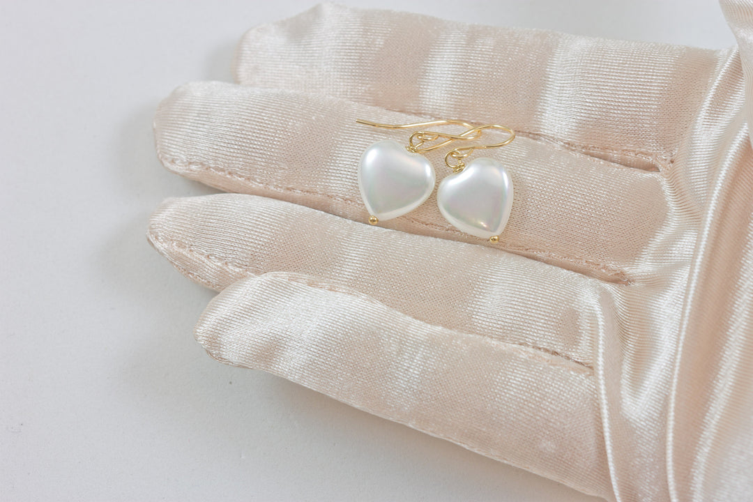 Mother of Pearl Earrings White Shell Heart Dainty Teardrop Natural 14k Solid Gold or Filled or Sterling Silver  High Luster Simple Drops MOP