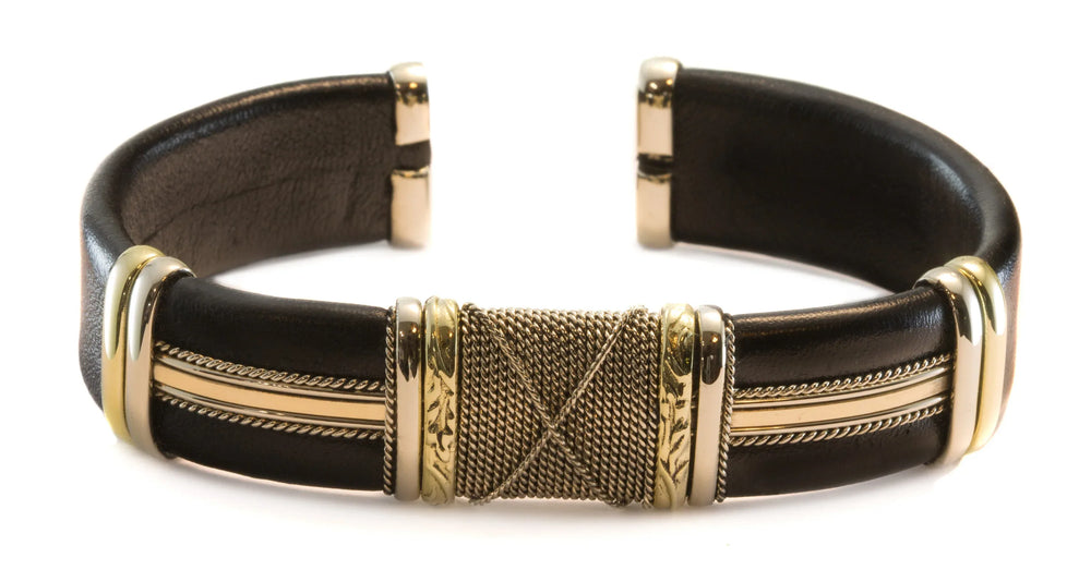 Leather Sterling Silver Bracelet Man's Cuff Adjustable for Men Copper Brass Wrapped Unique Mens Large Brown or Black High Quality 7 8 Inch - Spyglass Designs