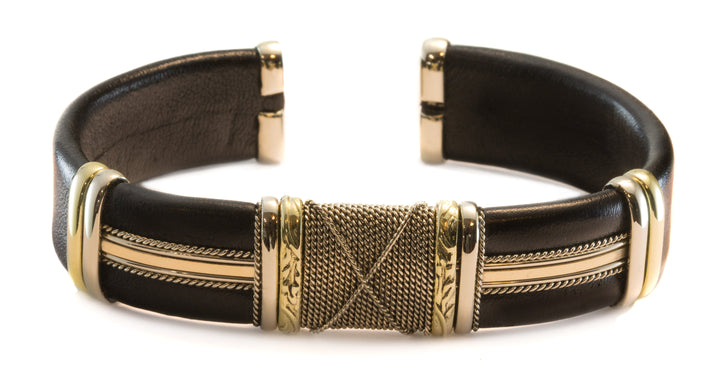 Leather Sterling Silver Bracelet Man's Cuff Adjustable for Men Copper Brass Wrapped Unique Mens Large Brown or Black High Quality 7 8  Inch