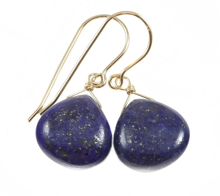 Blue Lapis Lazuli Earrings Natural Dainty Smooth Heart Teardrop Sterling Silver or 14k Solid Gold or Filled Small Drops Everyday Wear Pyrite
