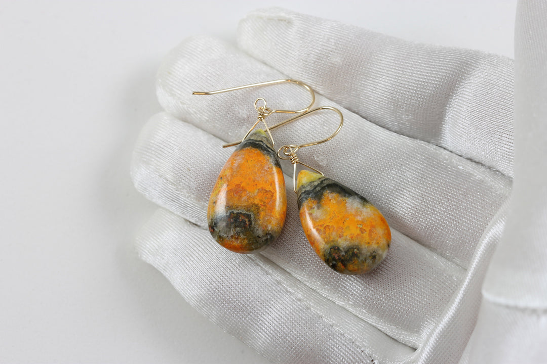 Bumble Bee Jasper Earrings Large Wide Smooth  Teardrops Select Yellow Orange  14k Solid Gold or Filled  or Sterling Silver Spyglass Designs