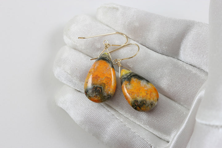Bumble Bee Jasper Earrings Large Wide Smooth  Teardrops Select Yellow Orange  14k Solid Gold or Filled  or Sterling Silver Spyglass Designs