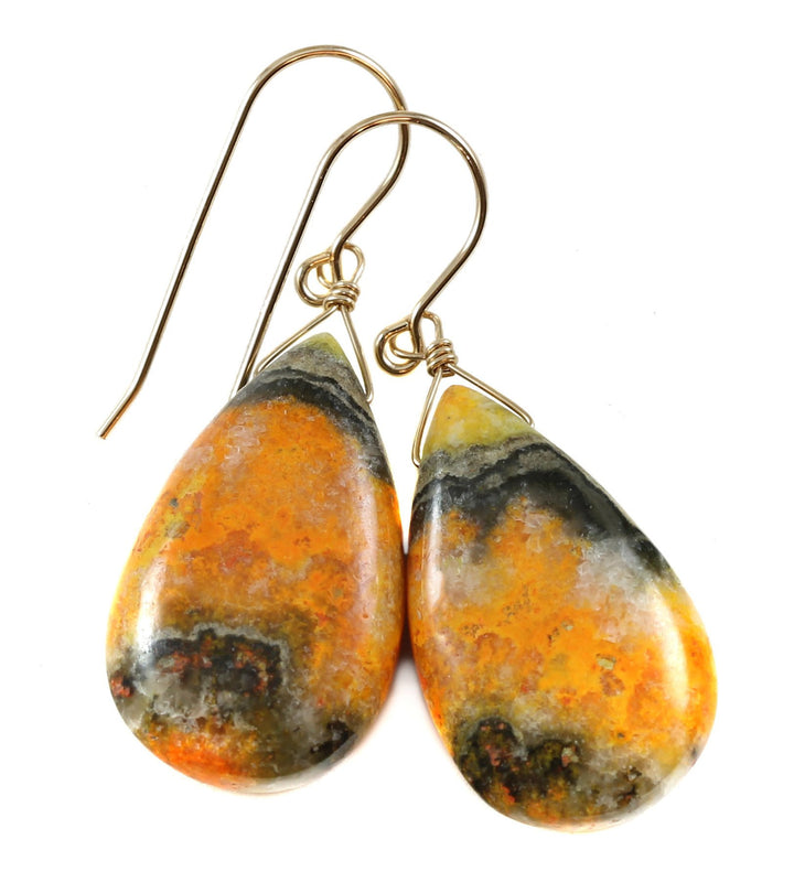 Bumble Bee Jasper Earrings Large Wide Smooth  Teardrops Select Yellow Orange  14k Solid Gold or Filled  or Sterling Silver Spyglass Designs