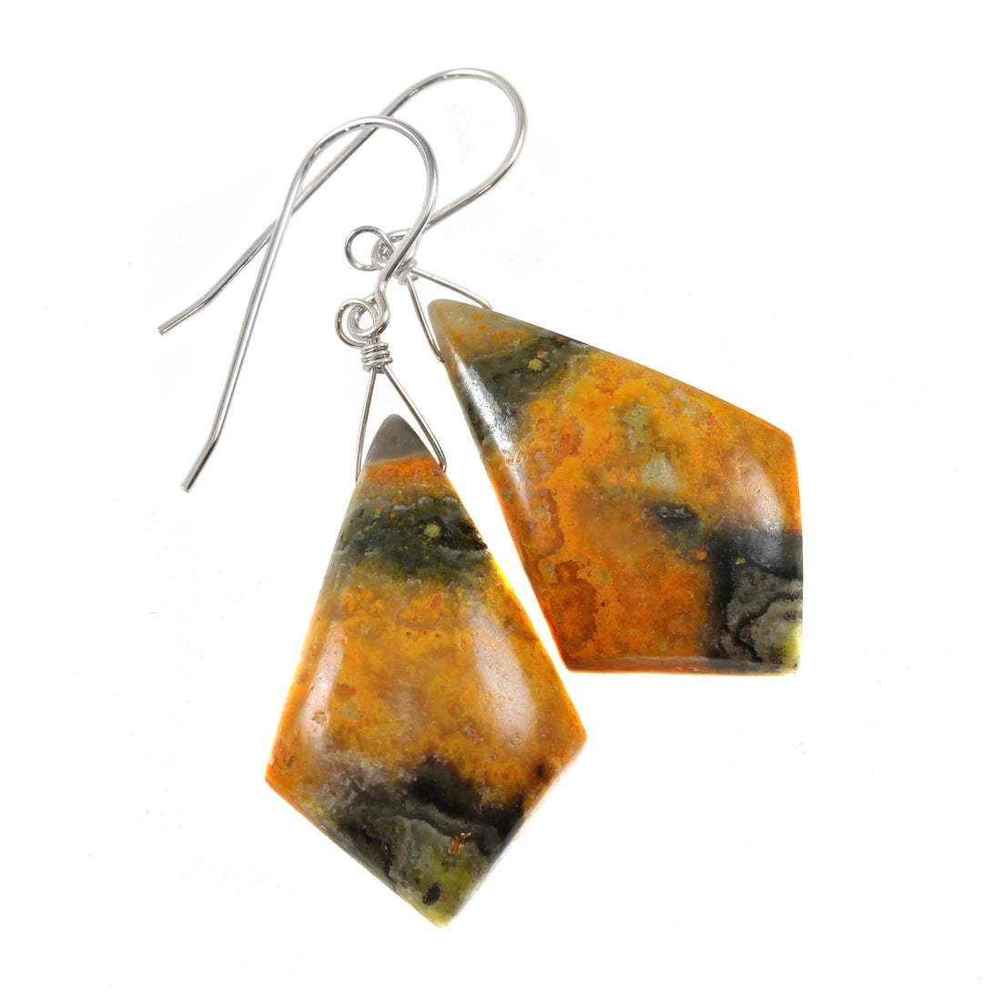 Bumble Bee Jasper Earrings Large Wide Pointed Teardrops Select Yellow Orange  14k Solid Gold or Filled  or Sterling Silver Spyglass Design 2