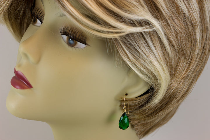 Emerald Green Earrings Facet Simulated Emerald Pear Teardrop Drop 14k Solid Gold or Filled or Sterling Silver Simple Classic Briolette Drops