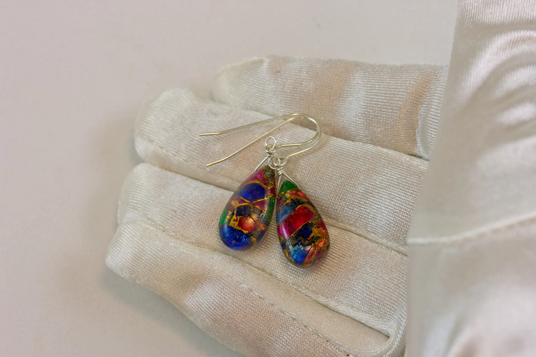 Mosaic Quartz Earrings Smooth Large Teardrop Dangle 14k Solid Gold or Filled or Sterling Silver Blue Red Green Copper Drops Simple Colorful - Spyglass Designs