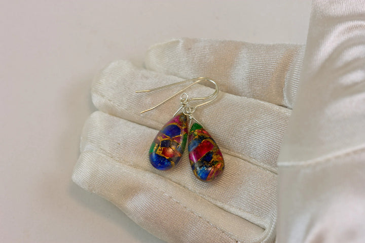 Mosaic Quartz Earrings Smooth Large Teardrop Dangle 14k Solid Gold or Filled or Sterling Silver Blue Red Green Copper Drops Simple Colorful - Spyglass Designs