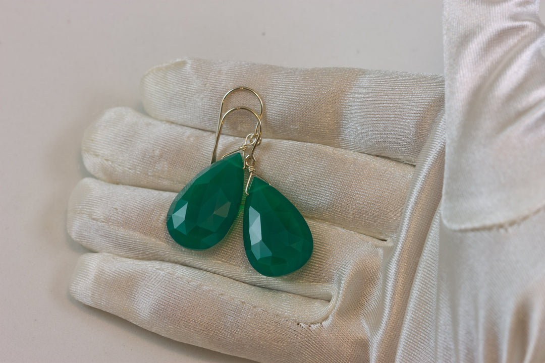 Green Onyx Earrings Faceted Long AAA Dangle Large Briolette Teardrop Sterling Silver or 14k Solid Yellow Gold or Filled Emerald Green Drops