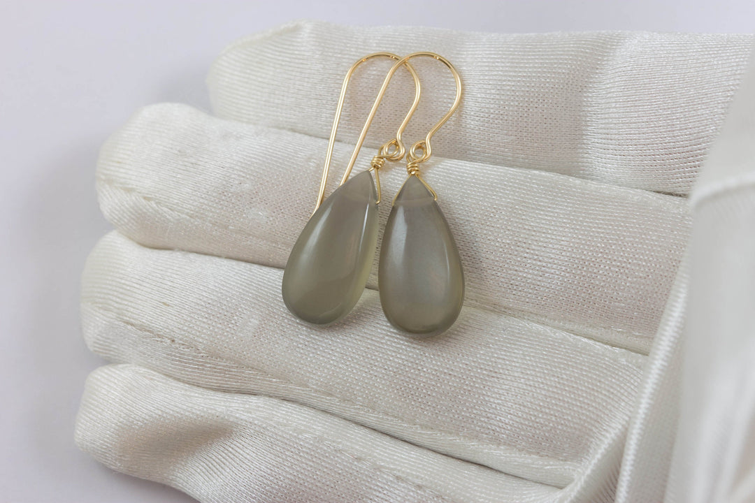 Gray Moonstone Earrings Sterling Silver or 14k Gold Filled or 14k Solid Gold Teardrop Simple Dainty Drops Grey Shimmery Iridescence Smooth