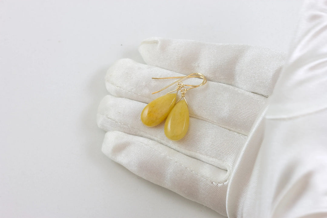 Yellow Aventurine Earrings Teardrop Pear Shaped Smooth 14k Solid Gold or Filled or Sterling Silver Great Unique Natural Earthy Daily Drops - Spyglass Designs