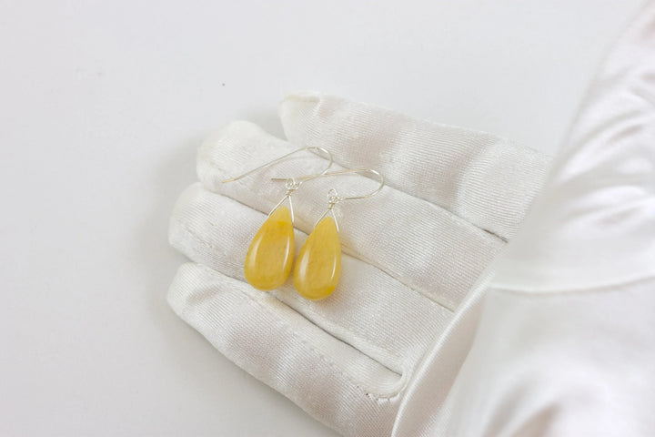 Yellow Aventurine Earrings Teardrop Pear Shaped Smooth 14k Solid Gold or Filled or Sterling Silver Great Unique Natural Earthy Daily Drops - Spyglass Designs